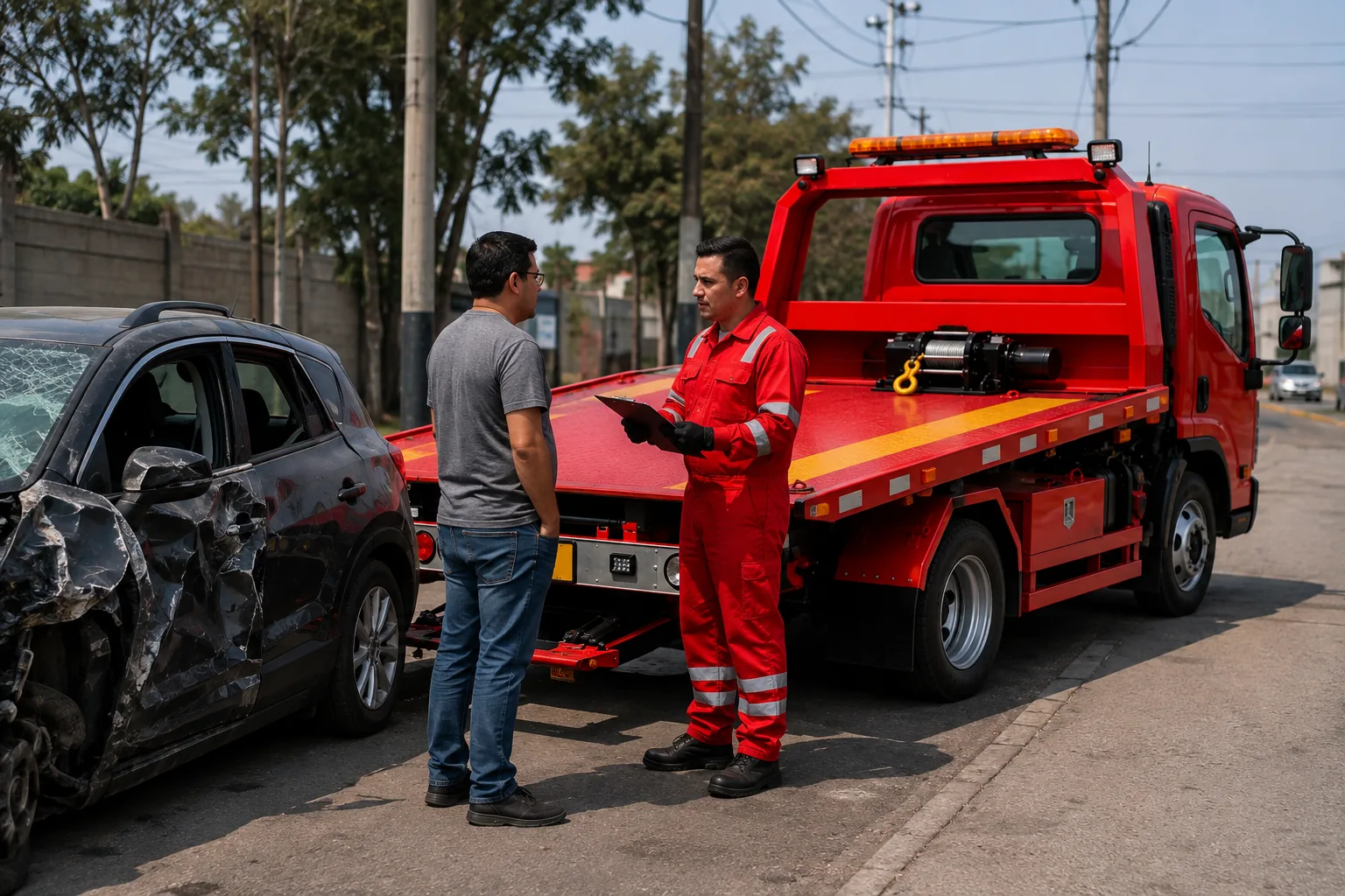 Operador evaluando un vehículo accidentado antes del servicio