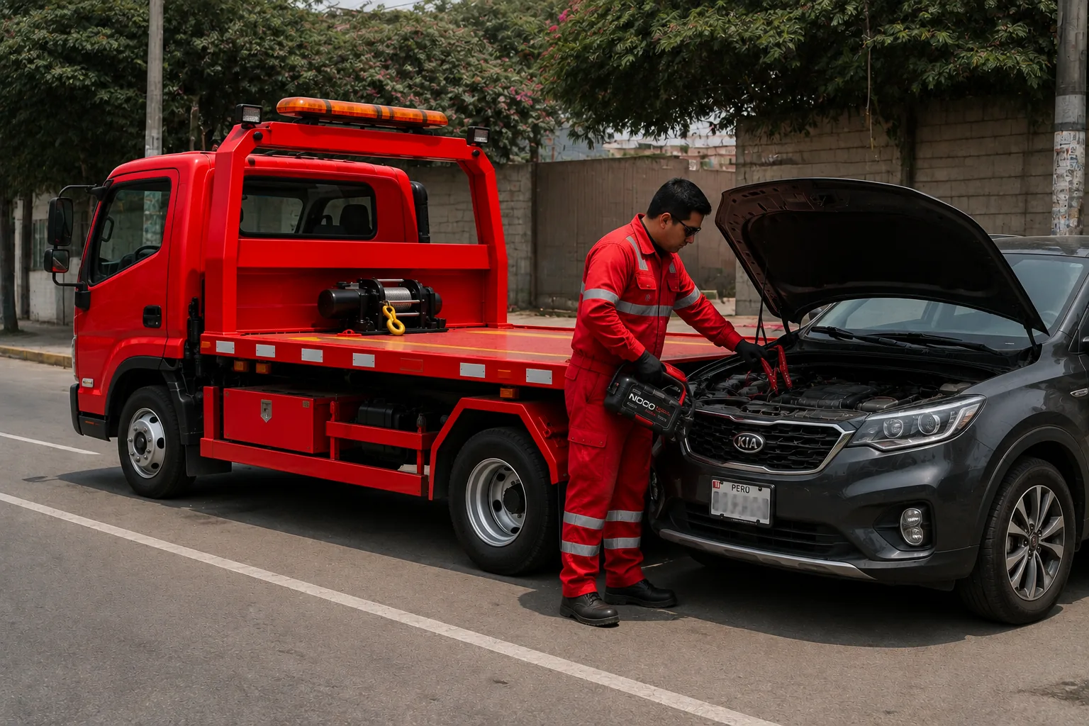 Operador realizando auxilio de batería a un vehículo